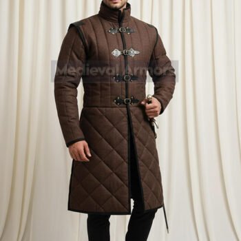 Medieval Gambeson Cotton Padded Brown With Black Leather Trim