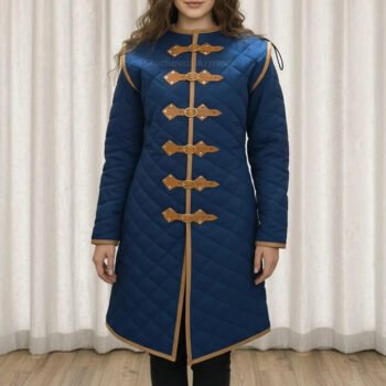 Medieval Gambeson Royal Blue with Brown Leather Tim Detachable Sleeves