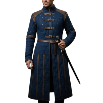 Warhammer Gambeson Navy Blue With Brown Leather Trim Full Sleeves