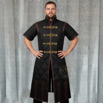 Medieval Long Gambeson Black with Brown Leather Trim Half Sleeves Armpit open